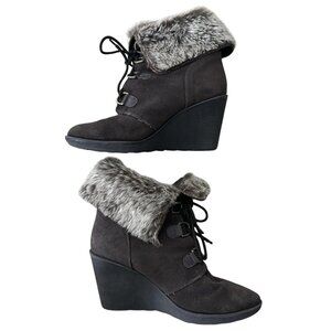 Bjornal Boots Womens Size 8.5 Brown Faux Fur Wedge Lace Up Leather Upper Winter